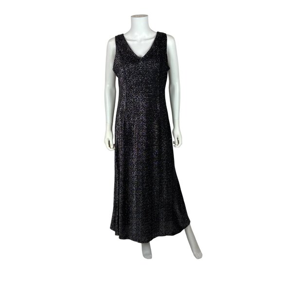 Vintage 70s Metallic Dress Womens Large Black Silver Lurex V Neck Midi Evening P - Picture 1 of 10